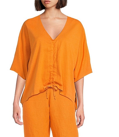 Bryn Walker Ria Jersey V-Neck Short Dolman Sleeve Ruched Tie Front Shirt