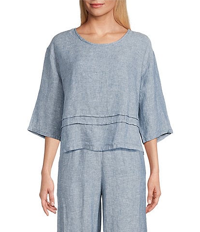 Bryn Walker Rimini Cross-Dyed Linen Round Neck 3/4 Sleeve Pintuck Coordinaitng Shirt