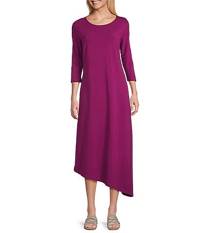Bryn Walker Sydney Organic Bamboo Cotton Blend Round Neck Elbow Sleeve Asymmetrical Dress