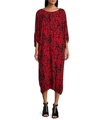 Bryn Walker Wilder Rayon Crepe Netta Print Round Neck Elbow Dolman Sleeve Midi Dress