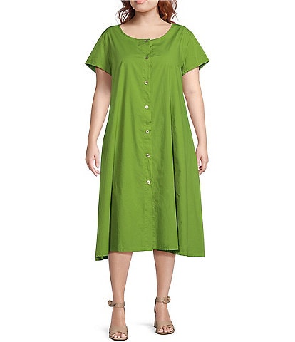 Bryn Walker Winsor Plus Size Organic Cotton Poplin Round Neck Short Sleeve Button-Front Midi Shirt Dress