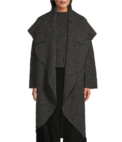 Bryn Walker Wool Jacquard Shawl Neck Long Bell Sleeve Oversized Pocketed Hi-Low Hem Wrap Coat