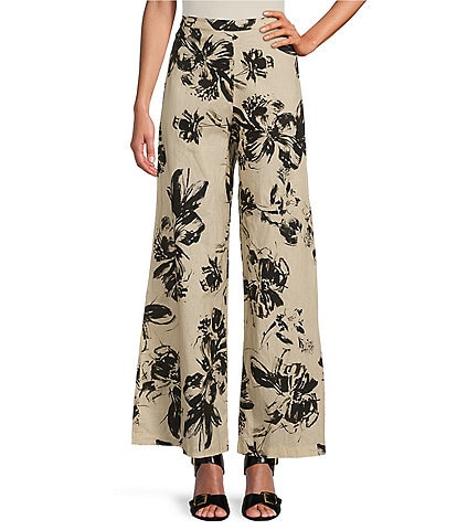 Bryn Walker Woven Linen Floral Print Elastic Waist Wide-Leg Pull-On Coordinating Pants