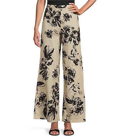 Bryn Walker Woven Linen Blend Floral Print Elastic Waist Wide-Leg Pull-On Coordinating Pants