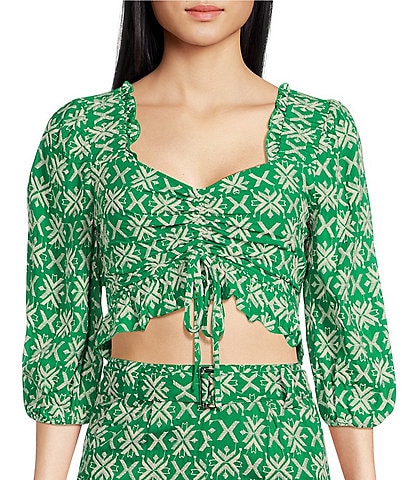 BTFL-life Isla Verde Embroidered Sweetheart Neck 3/4 Sleeve Cropped Coordinating Top