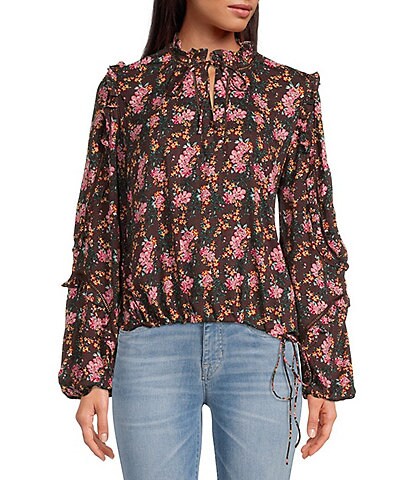 Buffalo David Bitton Adeline Floral Print Long Cinched Cuff Sleeve Tie Mock Neck Blouse