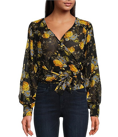 Buffalo David Bitton My Treat Floral Print Long Sleeve Wrap Top