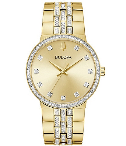 Bulova Men's Crystal Gold Tone Stainless Steel Bracelet Watch and Necklace Box Set