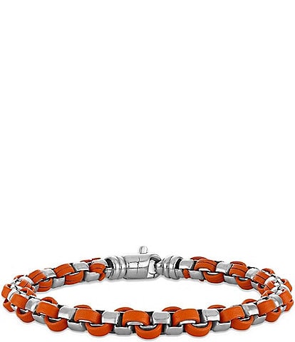 Bulova Men's Orange Leather & Sterling Silver Box Chain Line Bracelet