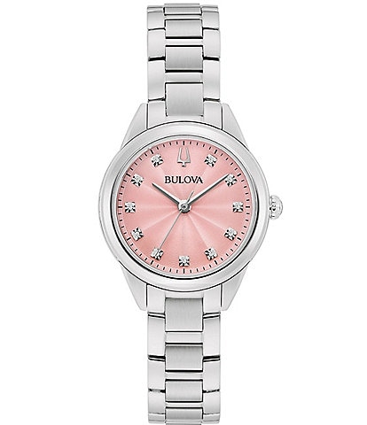 Bulova Women's Sutton Quartz Analog Diamond Accents Stainless Steel Pink Dial Bracelet Watch