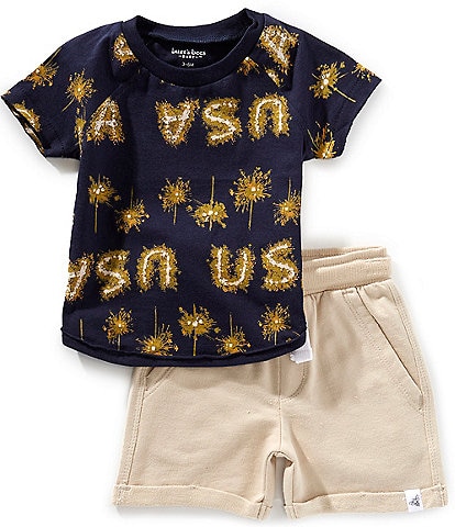 Burt's Bees Baby Boy Newborns-24  Short Sleeve USA Watercolor Patriotic Print Tee &  Short Set