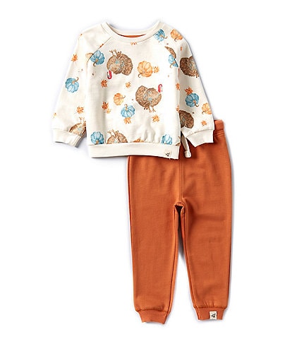 Burt's Bees Baby Boys 12-24 Months Long Sleeve Thanksgiving Turkey/Pumpkin-Printed Sweatshirt & Solid Jogger Pant Set