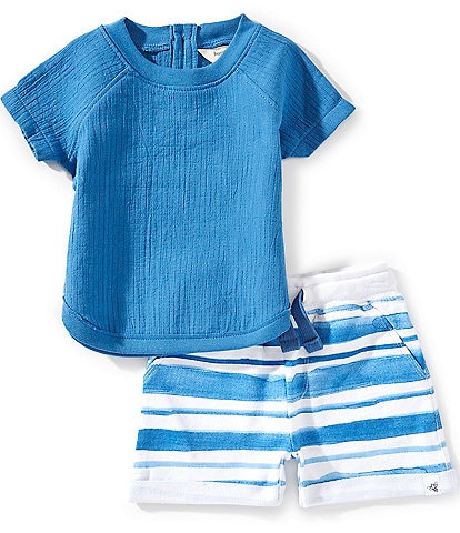 Burt's Bees Baby Boys Newborn-24 Months Raglan-Sleeve Contrast-Pocket T-Shirt & Watercolor-Striped Shorts Set