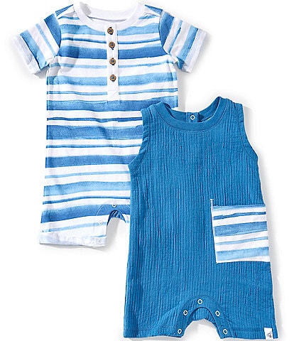 Burt's Bees Baby Boys Newborn-24 Months Short-Sleeve Watercolor-Striped Shortall & Sleeveless Contrast-Pocket Shortall Two-Pack