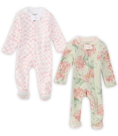 Burt's Bees Baby Girls Newborn-9 Months Soft Elegant Floral & Wavy Check Sleep & Play Sleeper 2-Pack