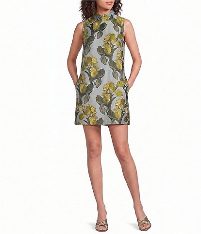  Brocade Mock Neck Sleeveless Mini Shift Dress