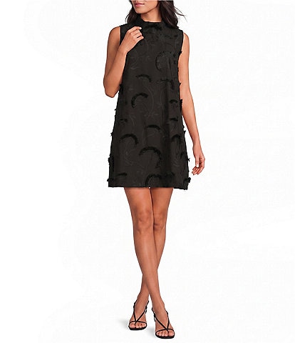 Buru Brocade Mock Neck Sleeveless Mini Shift Dress