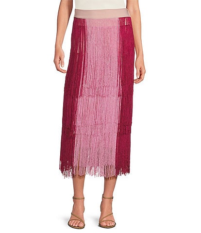 Buru Colorblock Elastic-Back Waist Fringe Midi A-Line Skirt