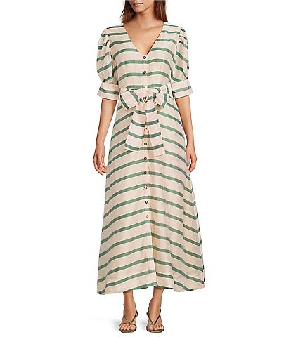 Buru Deep V-Neck Short Puff Sleeve Full Button Front A-Line Midi Dress