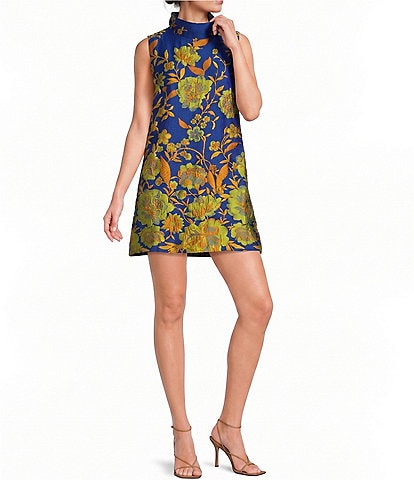 Buru Floral Brocade Mock Neck Sleeveless Shift Mini Dress