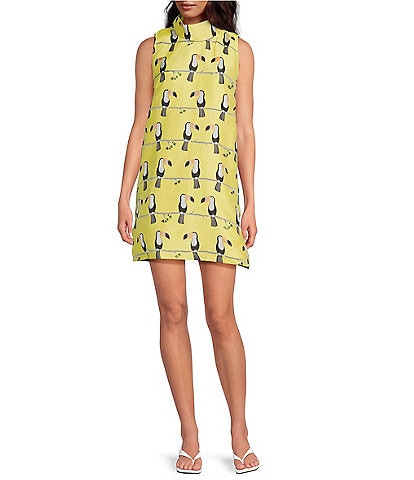 Buru Floral Brocade Toucan Print Mock Neck Sleeveless Shift Mini Dress