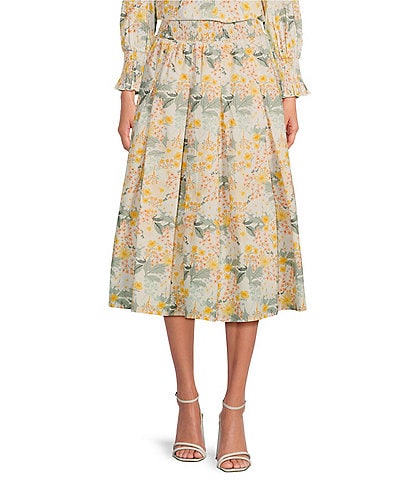 Buru Floral Smocked Waist Pull-On Pocketed A-Line Coordinating Midi Skirt