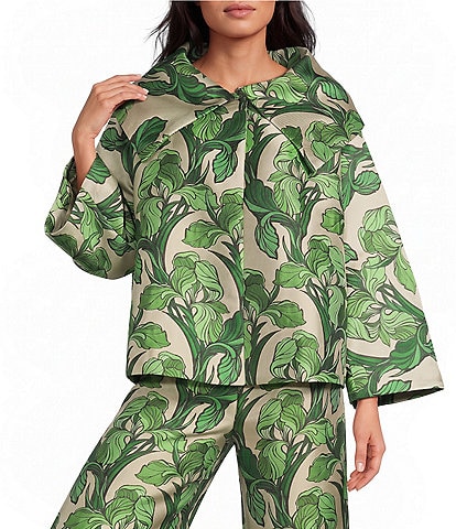 Buru Grace Printed Brocade Oversized Point Collar 3/4 Sleeve Cropped Coat