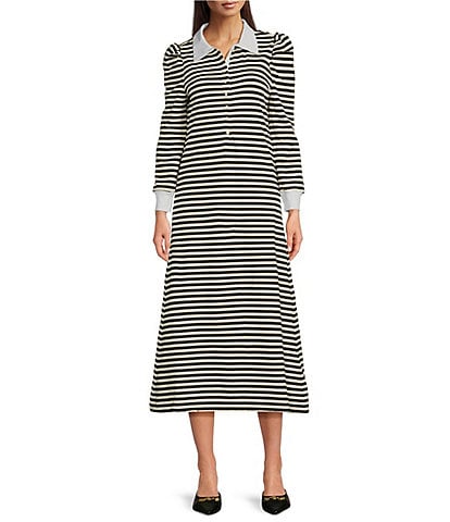 Buru Knit Rugby Stripe Contrast Point Collar Long Sleeve Button Front A-Line Midi Dress