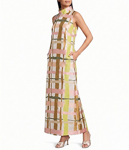 Buru Mod Plaid Print Brocade Mock Neck Sleeveless Shift Maxi Dress