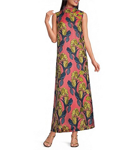Buru Mod Coral Iris Print Mock Neck Sleeveless Shift Maxi Dress