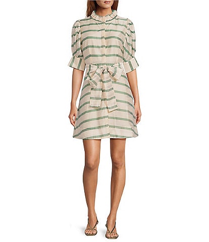 Buru Puff Sleeve Banded Ruffle Collar A-Line Mini Dress