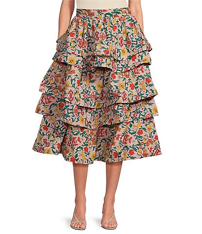 Buru Teagan Floral Print Tiered Ruffle Midi Length Pocketed A-Line Skirt