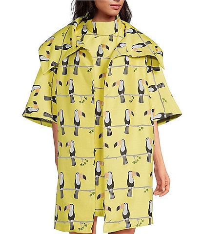 Buru Toucan Print Oversized Point Collar 3/4 Sleeve Side Pocket Car Coat