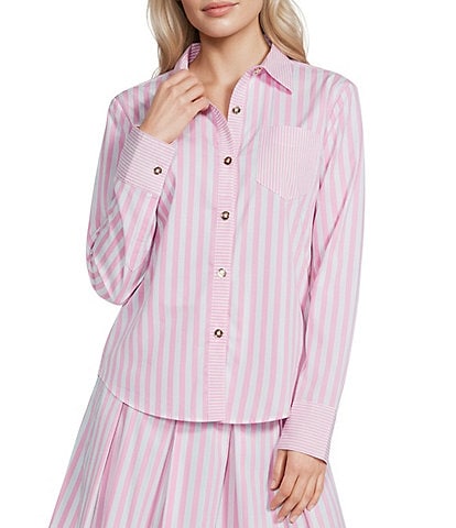 Buru Woven Button Down Point Collar Striped Long Sleeve Shirt