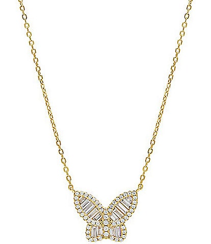 By Adina Eden Crystal Small Sterling Silver Pave Baguette Butterfly Pendant Necklace