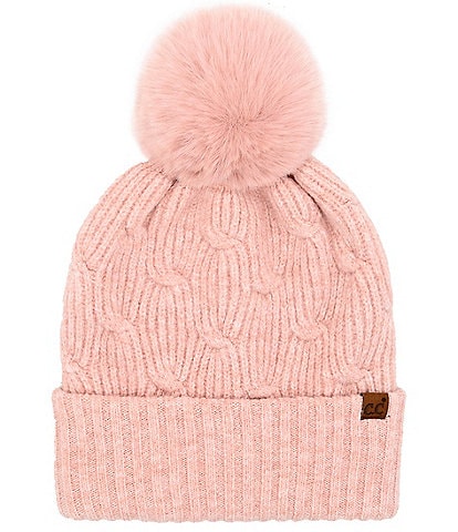 C.C. BEANIES Knitted Pattern Faux Fur Pom Beanie