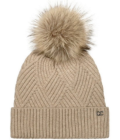C.C. BEANIES Logo Patch Heather Faux Fur Pom Beanie