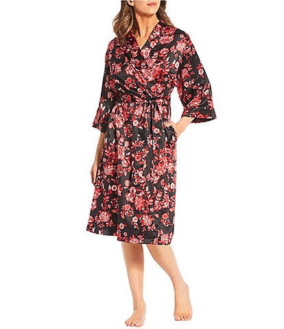 Cabernet Damask Print Satin Tie Waist Short Wrap Robe