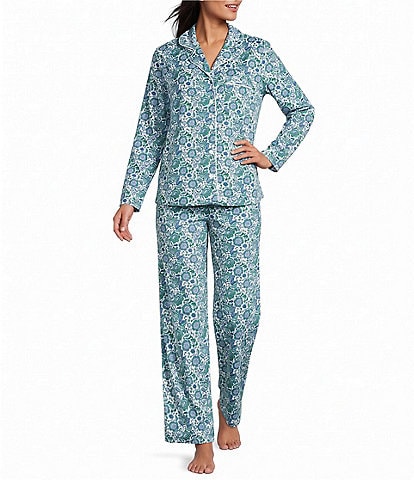Cabernet Ditsy Floral Long Sleeve Notch Collar Fleece Long Pajama Set