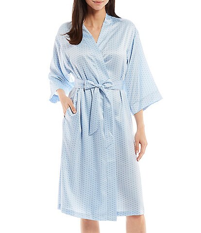 Cabernet Double Dot Print Woven Satin Flat Banded 3/4 Kimono Sleeve Wrap Robe