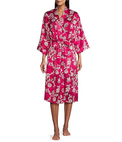 Cabernet Floral Print Kimono Sleeve Notch Collar Satin Short Robe