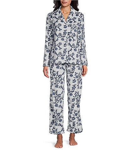 Cabernet Floral Print Long Sleeve Notch Collar Button-Front Shirt and Pants Coordinating Fleece Pajama Set