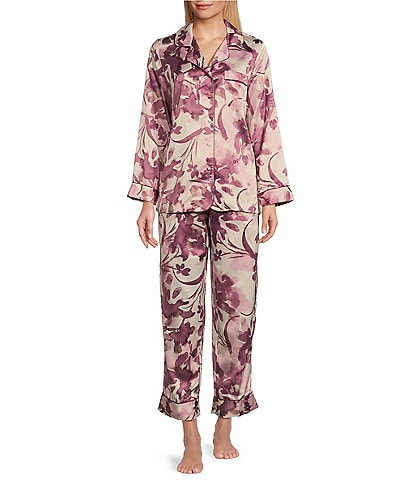 Cabernet Floral Print Long Sleeve Notch Collar Woven Satin Pajama Set