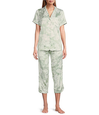 Cabernet Floral Print Satin Short Sleeve Capri Pajama Set