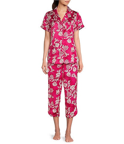 Cabernet Floral Print Short Sleeve Notch Collar Satin Capri Pajama Set