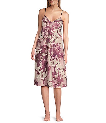 Cabernet Floral Print Sleeveless V-Neck Woven Satin Chemise