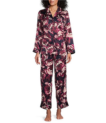 Cabernet Floral Print Woven Satin Notch Collar Long Sleeve Pajama Set
