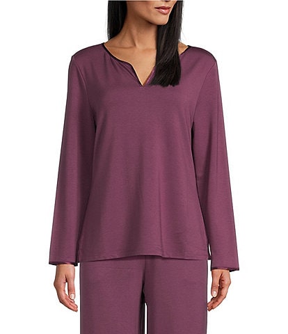 Cabernet French Terry Long Sleeve Split Round Neck Coordinating Sleep Top