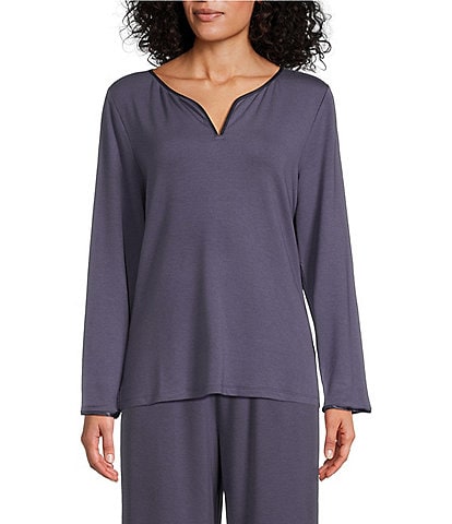 Cabernet French Terry Satin Trimmed Long Sleeve Split Round Neck Coordinating Sleep Shirt