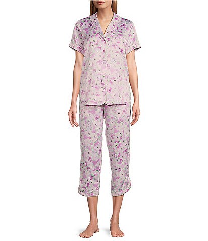 Cabernet Lavender Floral Print Satin Short Sleeve Capri Pajama Set